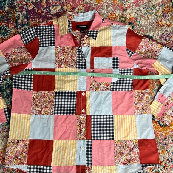 Lands' End Red Pink Casual Button Down Shirt Patchwork Poplin Boyfriend Quilt - Picture 9 of 10